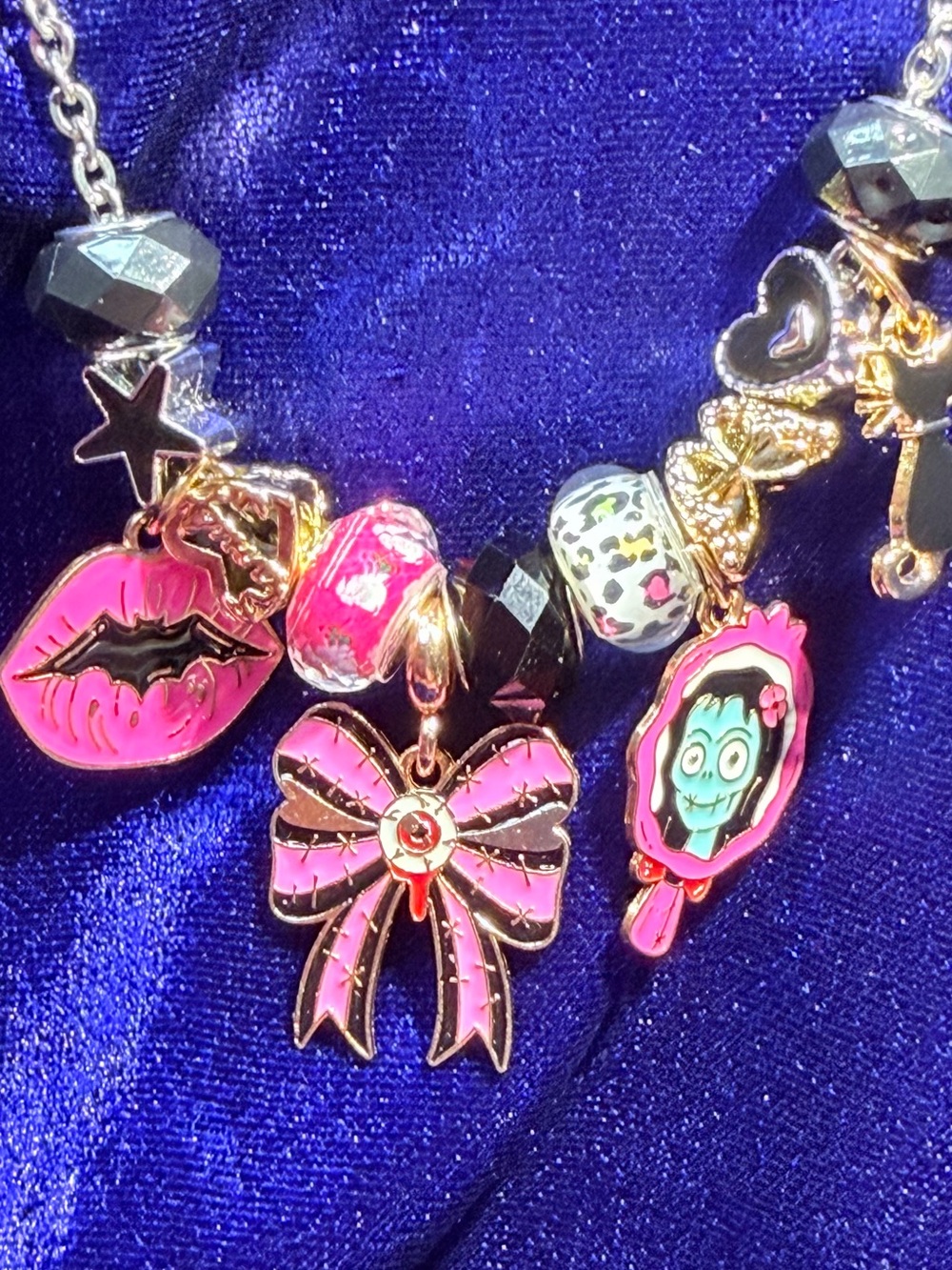 Halloween Horror Necklace with a Zombie, Eye Ball Bows, Bat Lips and a Black Cat